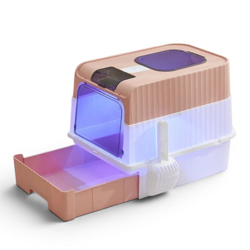 Bac à litière Esprit Chat fermé en plastique rose et blanc avec tiroir coulissant et porte basculante bleue