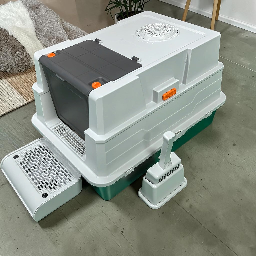 Bac à litière Esprit Chat fermé et spacieux avec pelle, bac amovible et design moderne en plastique blanc et vert