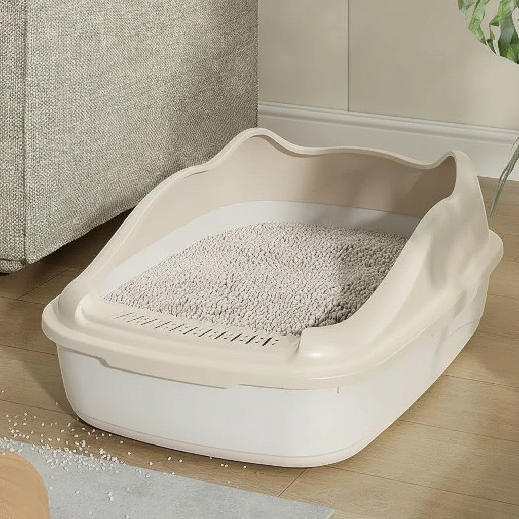 Bac à litière ouvert Esprit Chat en plastique beige avec bords hauts pour éviter les projections de litière