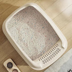 Bac à litière ouvert Esprit Chat en plastique beige avec bords hauts pour éviter les projections de litière