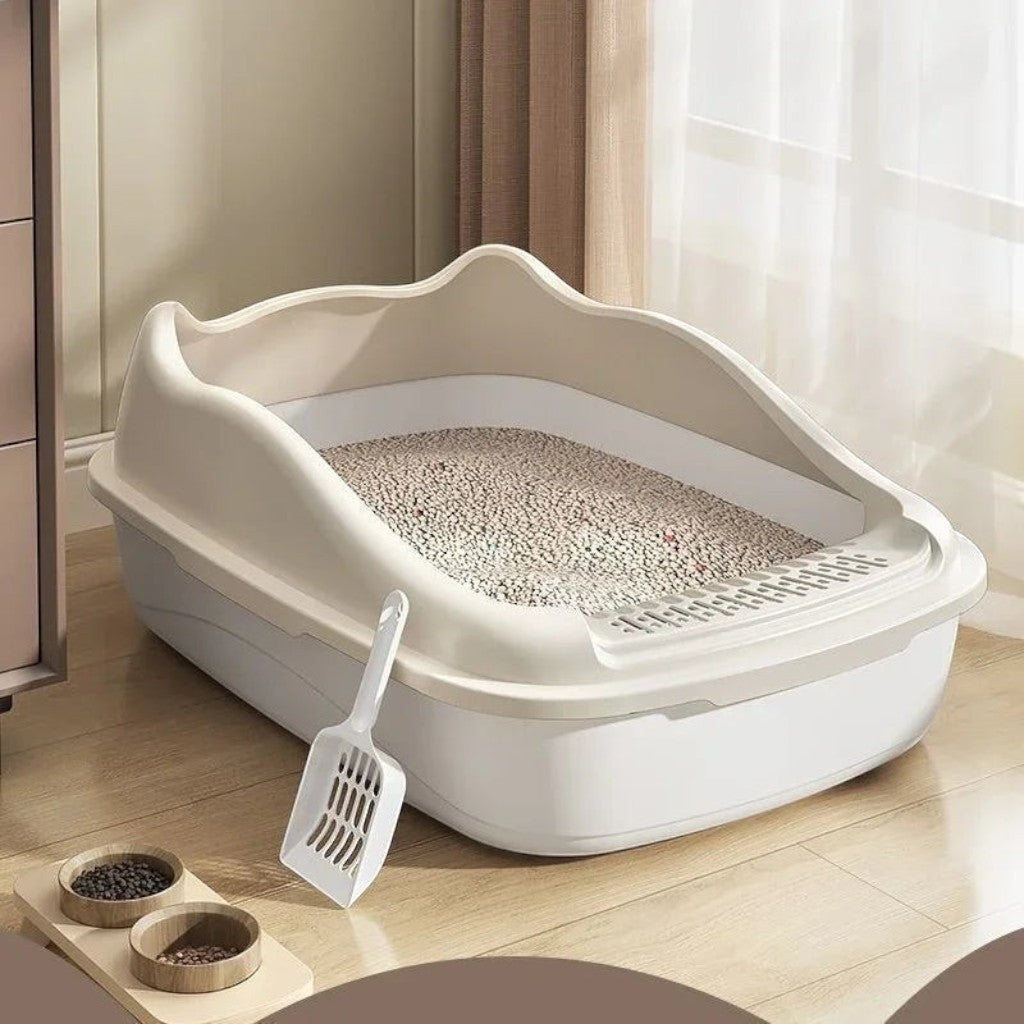 Bac à litière ouvert Esprit Chat en plastique beige avec rebords hauts et pelle incluse pour un entretien facile