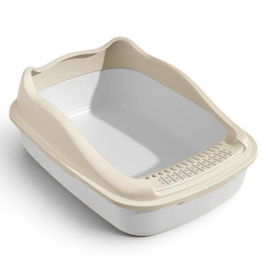 Bac à litière ouvert Esprit Chat en plastique beige et blanc avec bords hauts pour éviter les projections