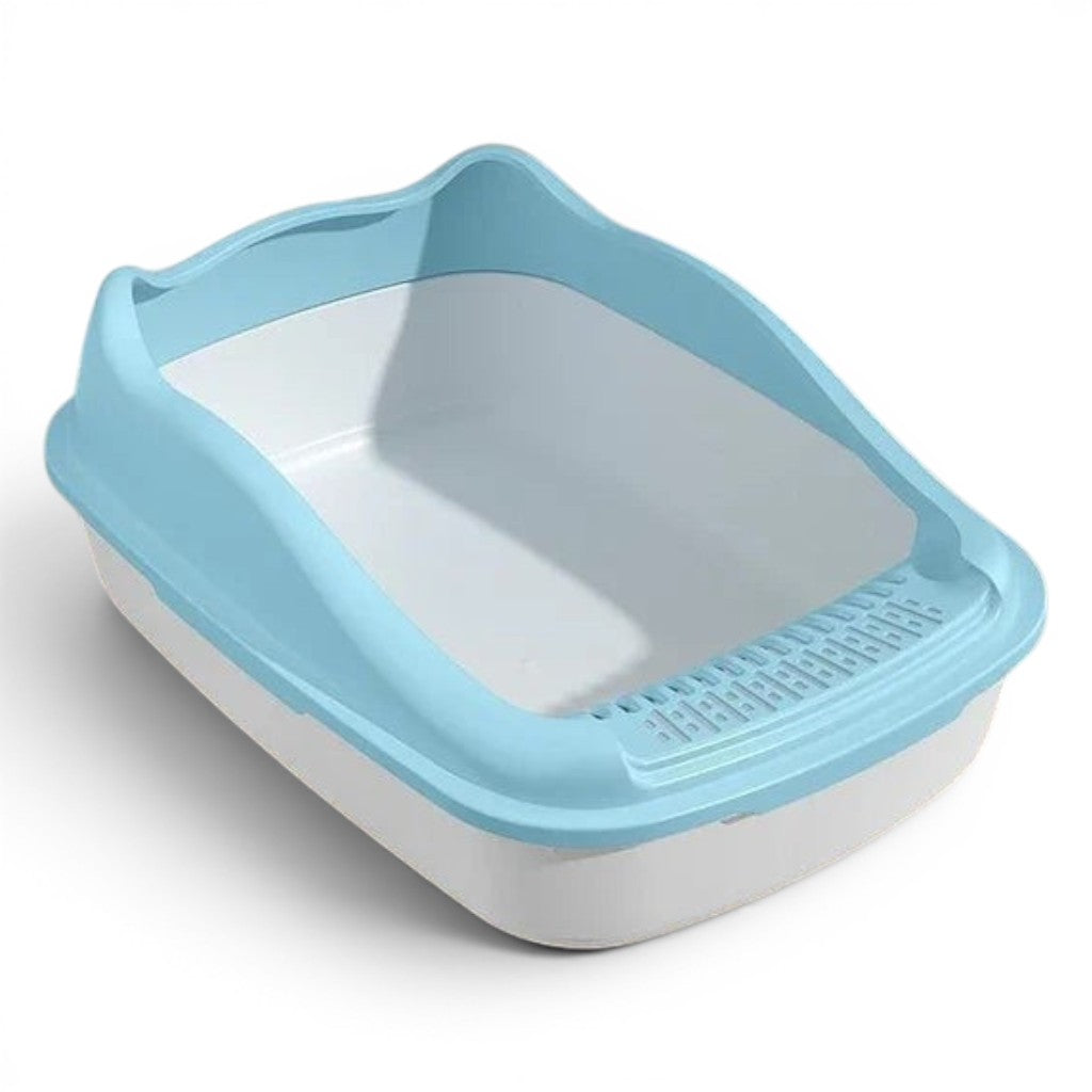 Bac à litière Esprit Chat ouvert en plastique bleu et blanc avec bords surélevés pour chat