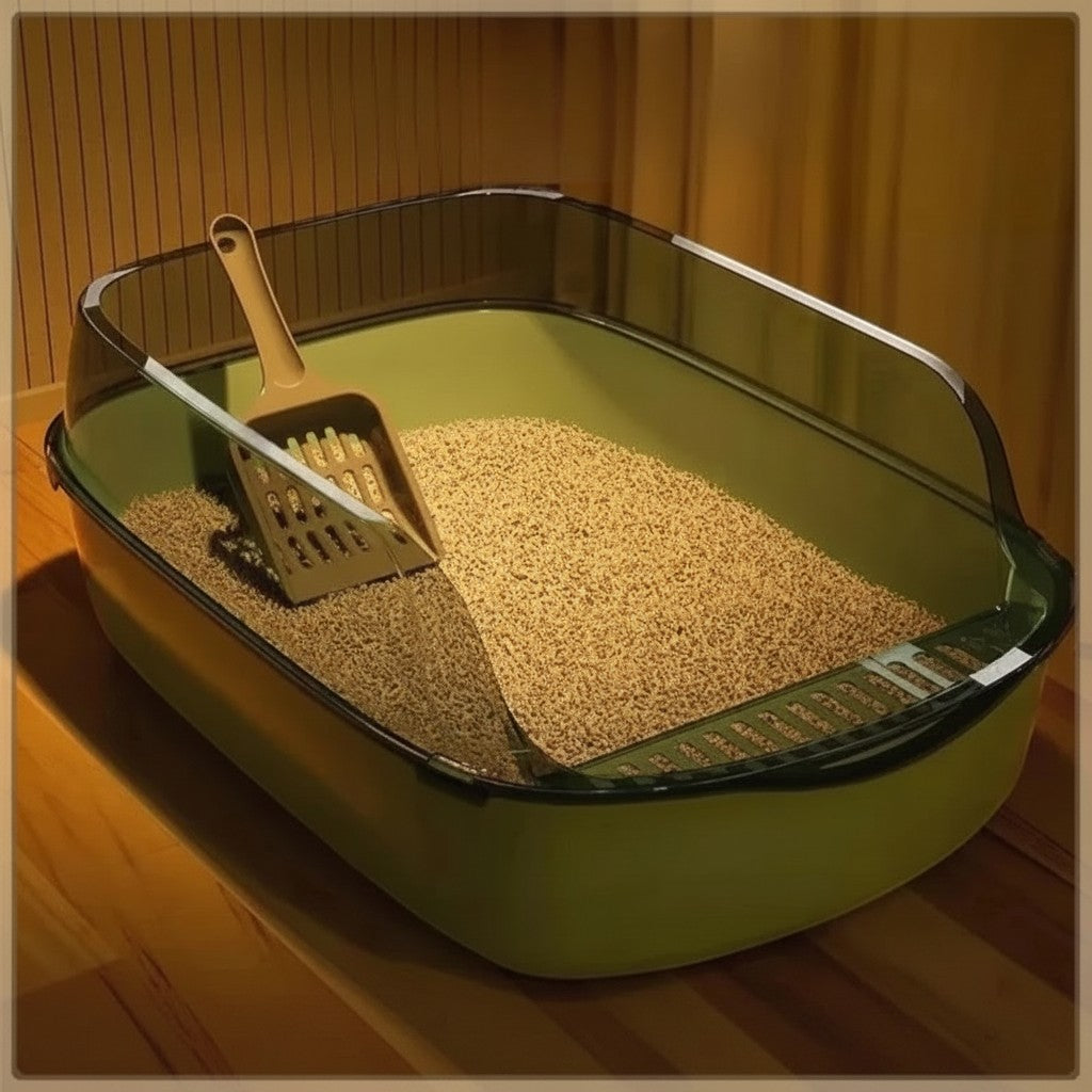 Bac à litière Esprit Chat semi-ouvert en plastique vert avec pelle assortie pour une hygiène optimale du chat