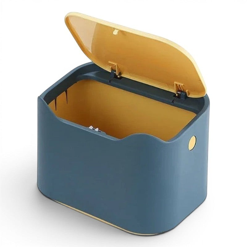 Petit bac à litière Esprit Chat bleu et beige en plastique avec couvercle à ouverture par ressort