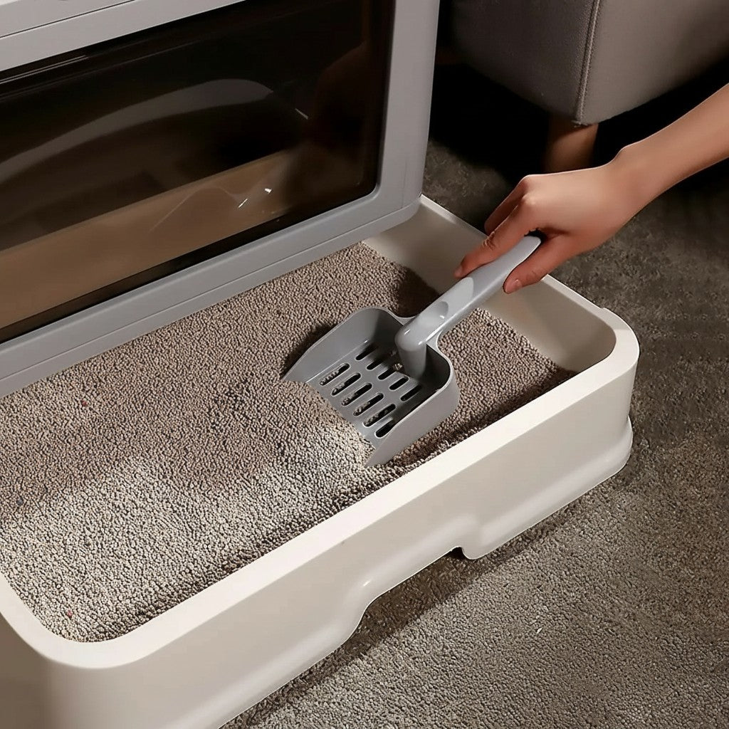 Bac à litière pliable pour chat Esprit Chat en plastique gris et blanc avec tiroir de rangement et pelle.