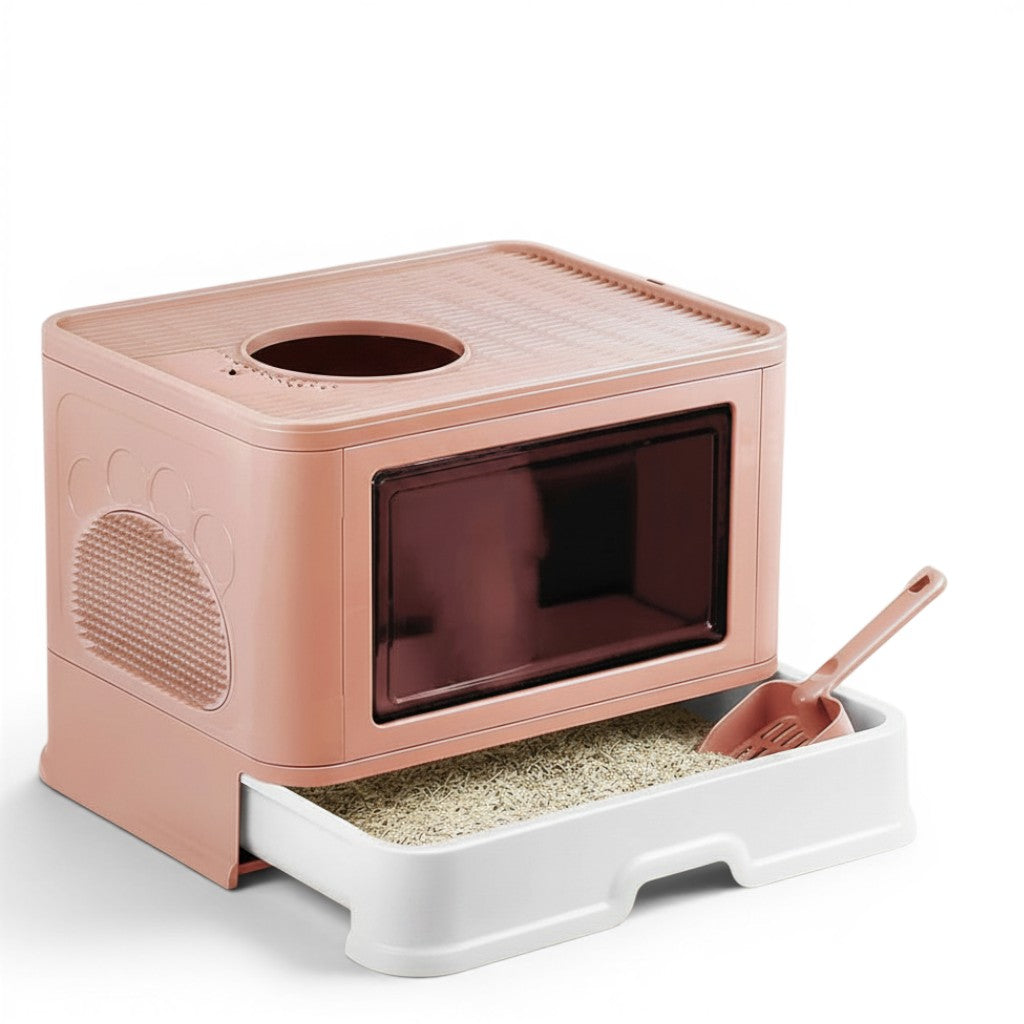 Bac à litière pliable rose en plastique pour chat, avec tiroir et pelle, par Esprit Chat