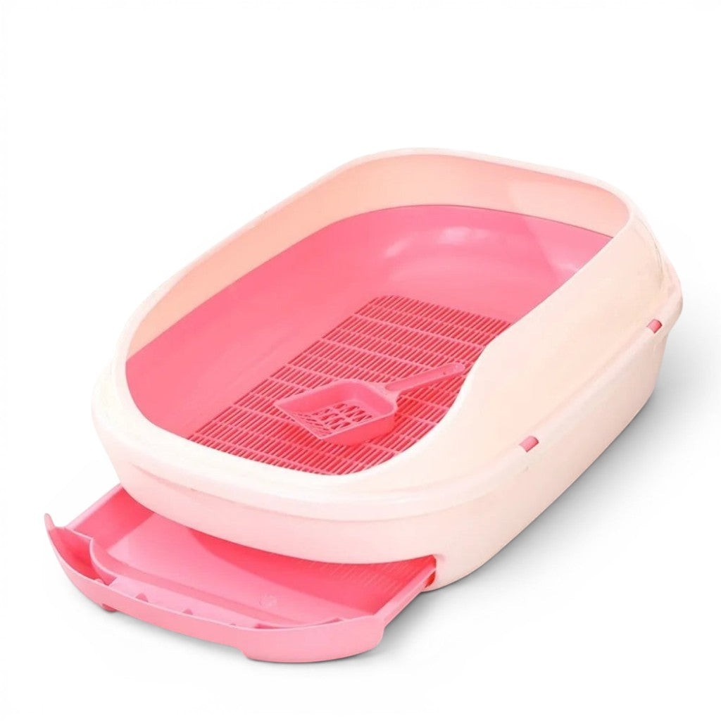 Bac à litière Esprit Chat rose semi-fermé avec tiroir coulissant, grille de filtrage et pelle assortie en plastique PP