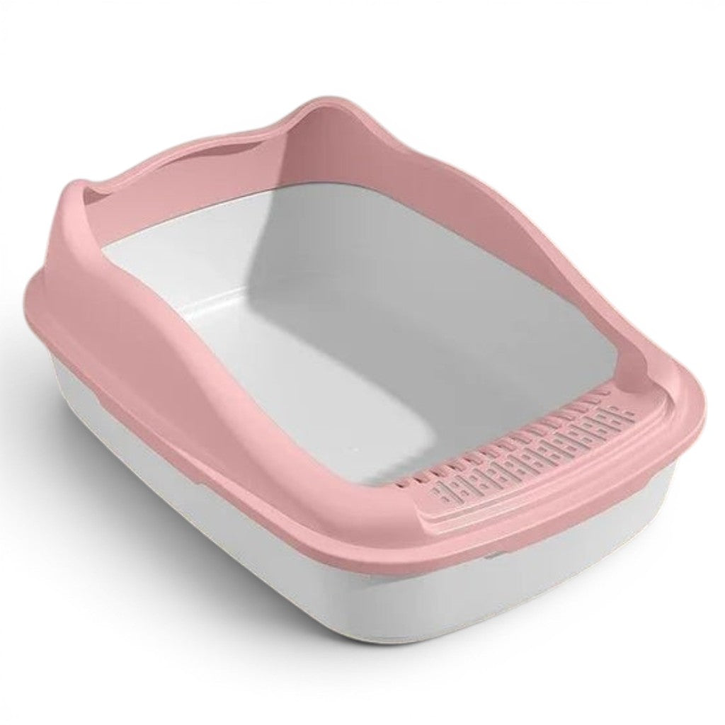 Bac à litière ouvert Esprit Chat en plastique rose et blanc avec rebords hauts pour chat