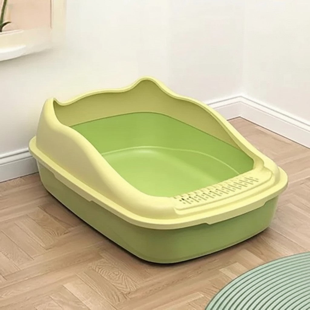 Bac à litière ouvert Esprit Chat en plastique vert avec bords hauts pour éviter les projections
