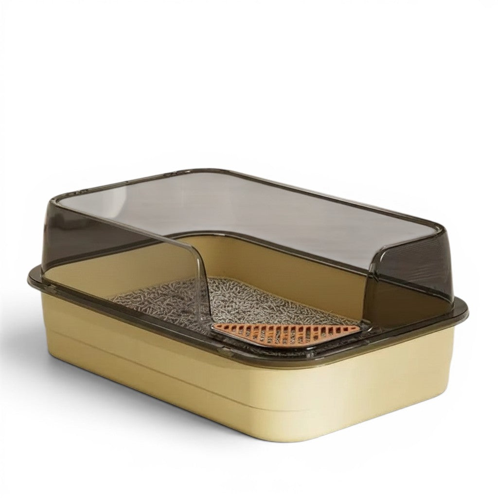 Bac à litière Esprit Chat XXL semi-fermé en plastique beige et gris avec rebords anti-projections pour chat