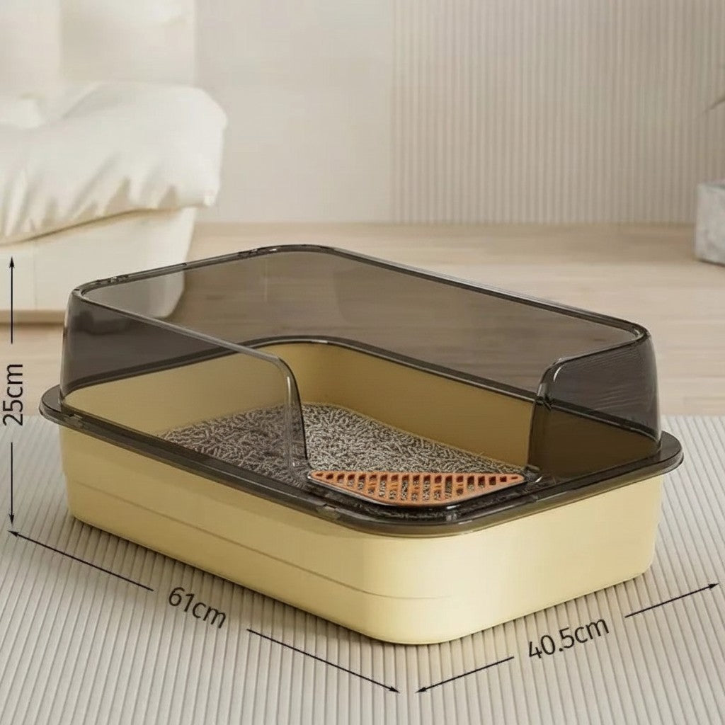 Bac à litière XXL Esprit Chat semi-fermé en plastique beige et gris avec rebords anti-projections pour chat