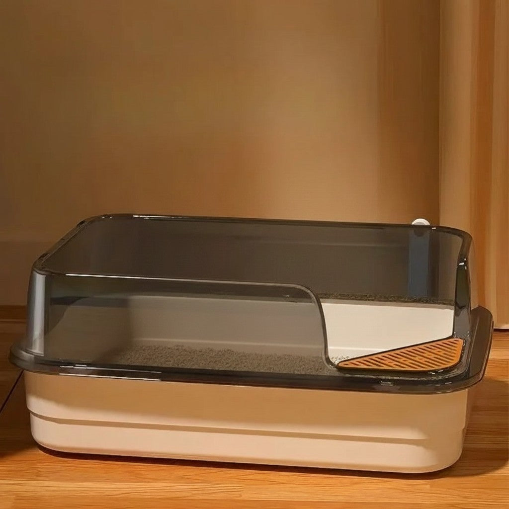 Bac à litière Esprit Chat XXL semi-fermé en plastique blanc et gris avec rebord anti-projection et pelle incluse