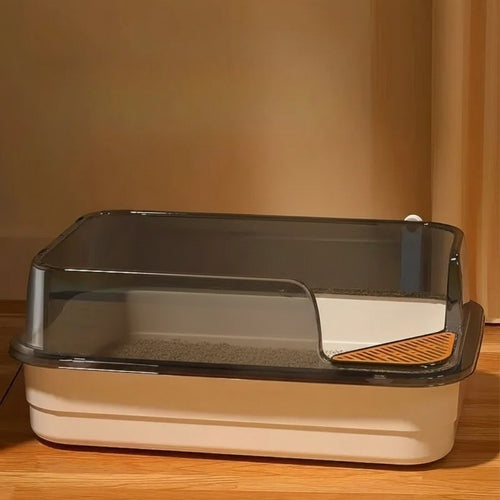 Bac à litière Esprit Chat XXL semi-fermé en plastique blanc et gris avec rebord anti-projection et pelle incluse