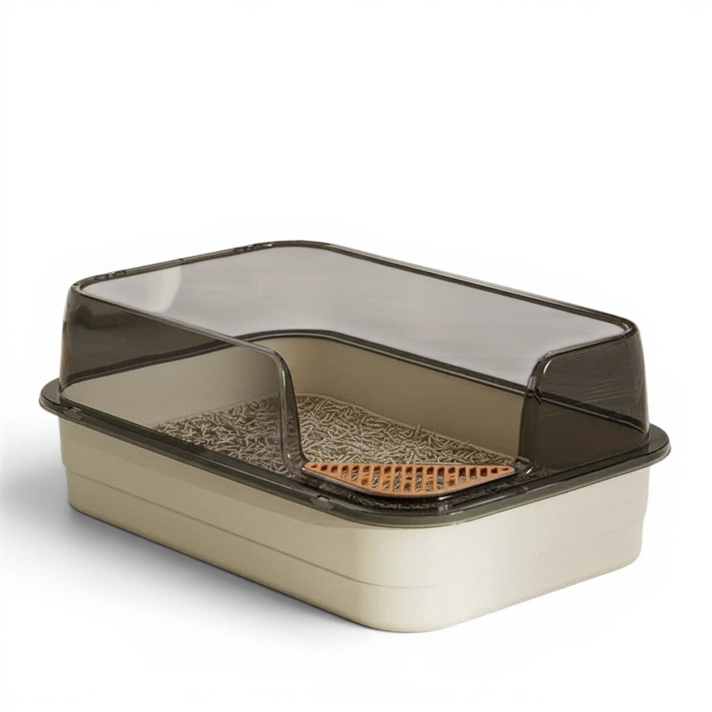 Bac à litière Esprit Chat XXL semi-fermé en plastique beige et gris avec rebords anti-projections pour chat