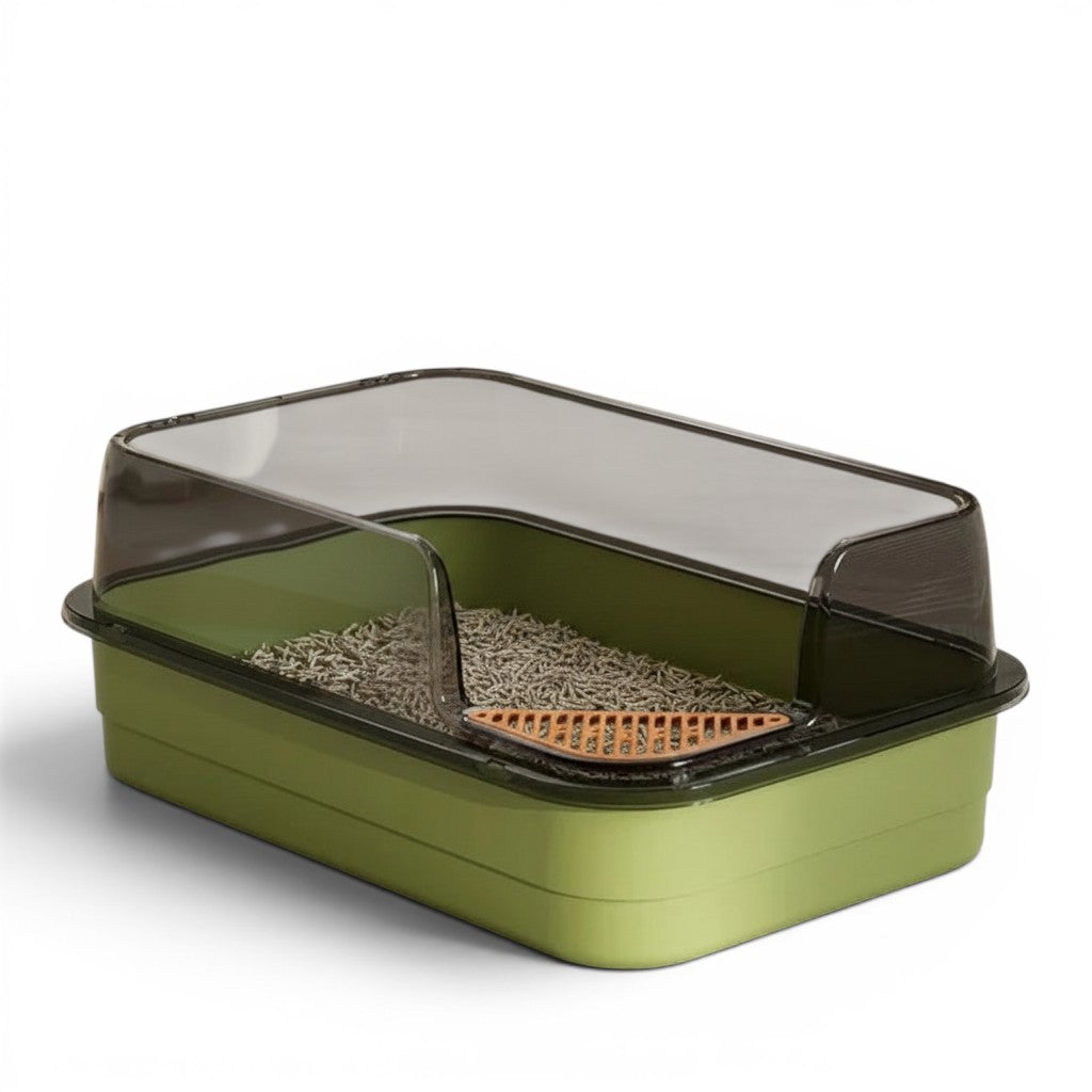 Bac à litière XXL Esprit Chat vert et gris semi-fermé avec pelle, idéal pour garder la propreté de votre chat.