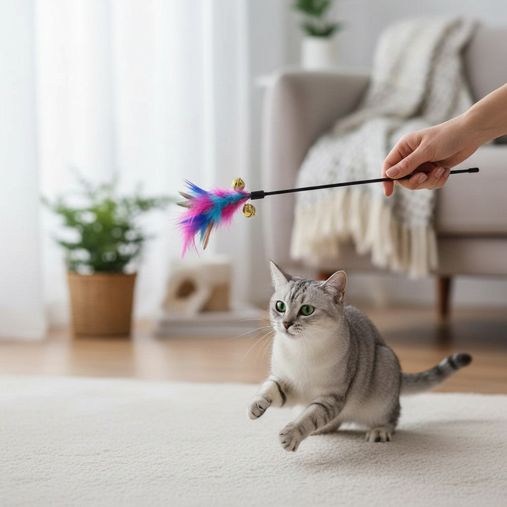 Esprit Chat lot de 5 baguettes interactives avec plumes colorées et grelots pour stimuler l'instinct de chasse du chat