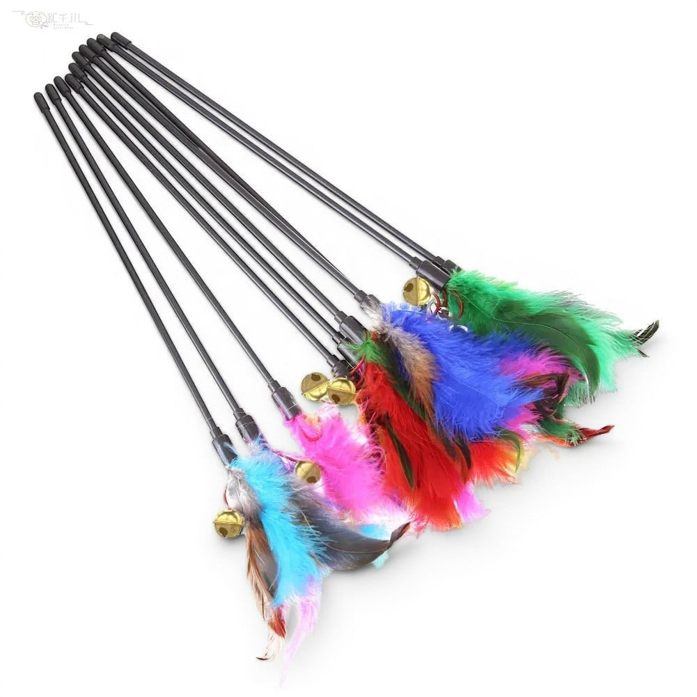 Lot de 5 baguettes interactives Esprit Chat avec plumes colorées et grelots pour stimuler l'instinct de chasse du chat