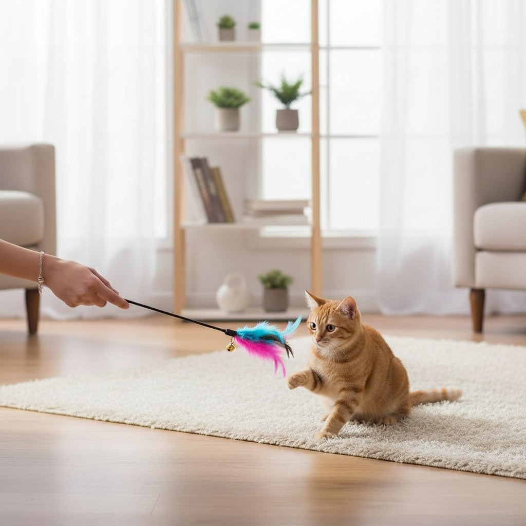 Lot de 5 baguettes interactives Esprit Chat avec plumes colorées et grelot pour stimuler le jeu du chaton
