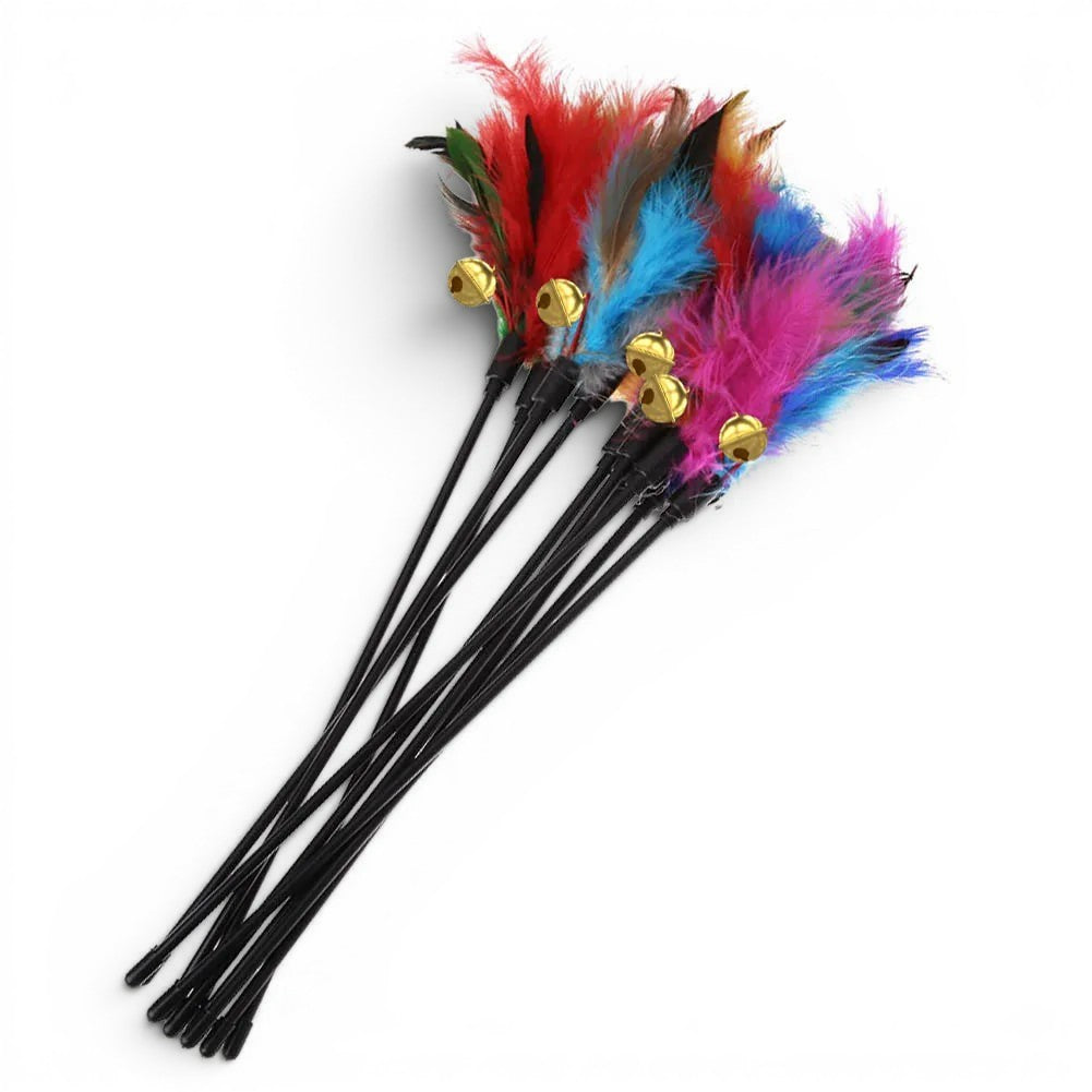 Lot de 5 baguettes interactives Esprit Chat avec plumes colorées et grelots pour stimuler l'instinct de chasse du chat