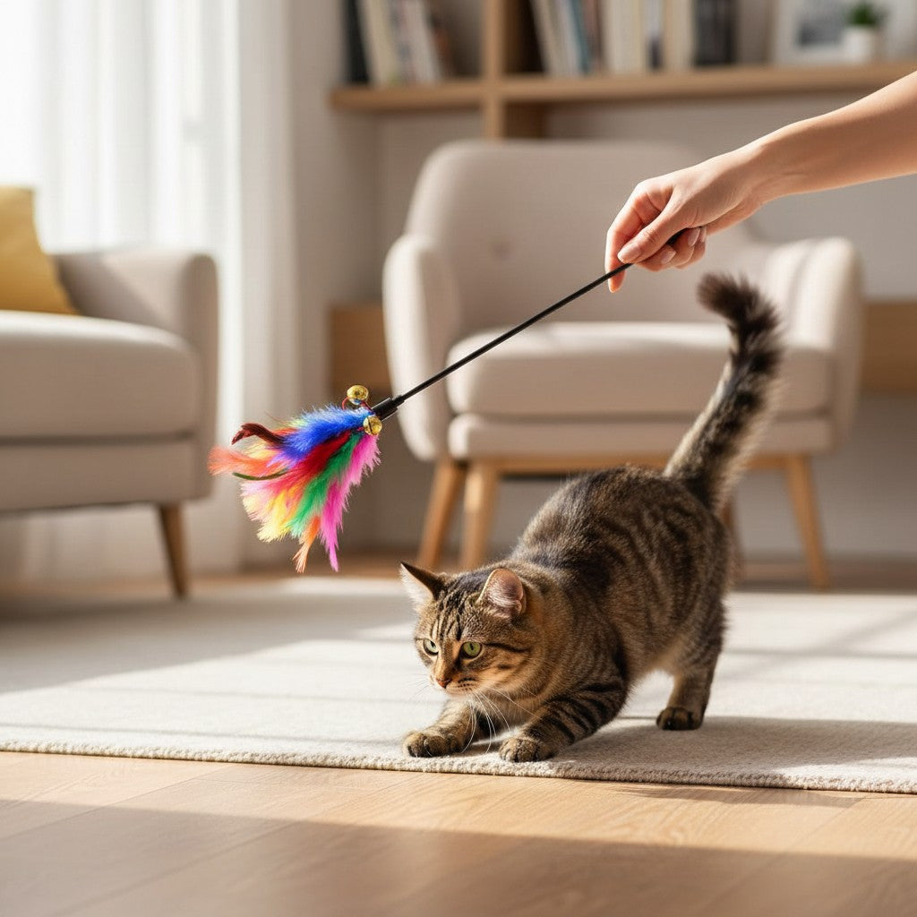 Lot de 5 baguettes Esprit Chat avec plumes colorées et grelot pour stimuler l'instinct de chasse de votre chat
