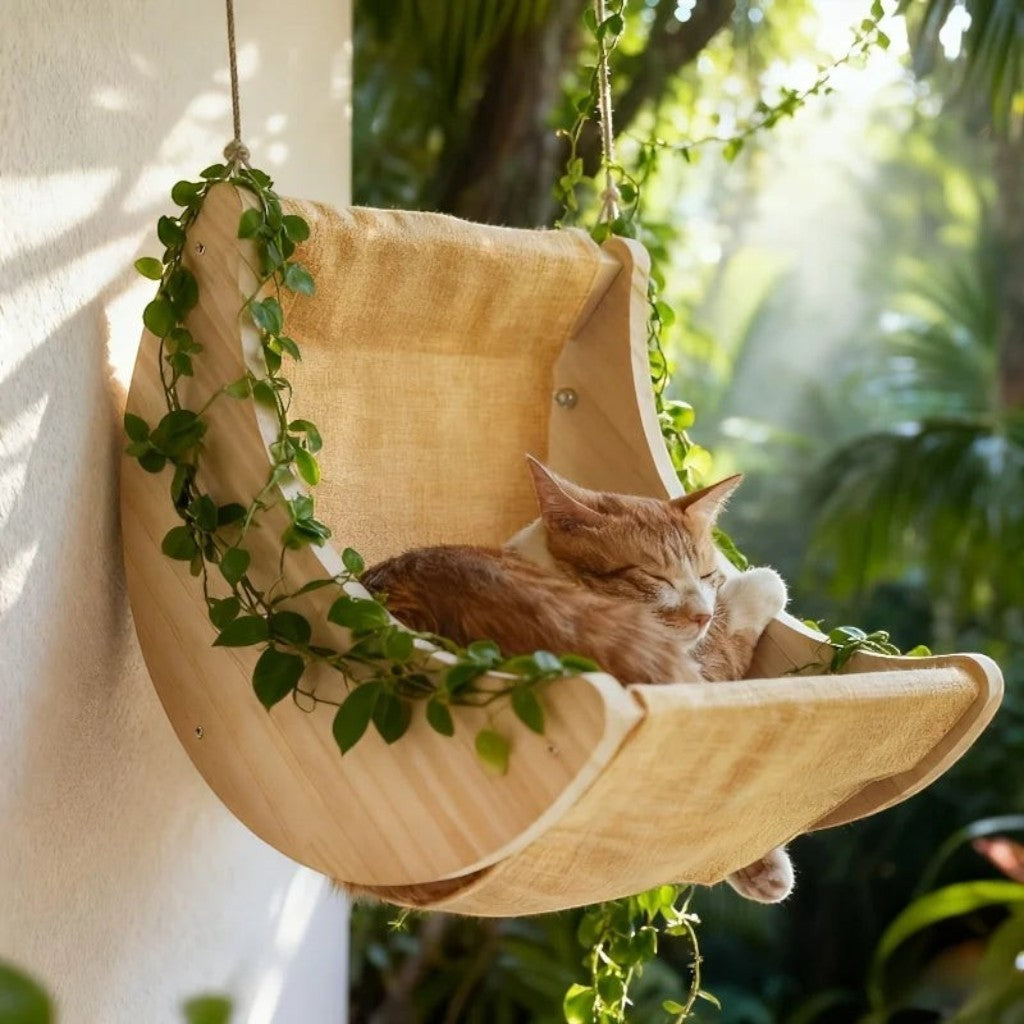 Balançoire Esprit Chat en bois naturel avec hamac respirant pour chat qui dort, décorée de plantes grimpantes