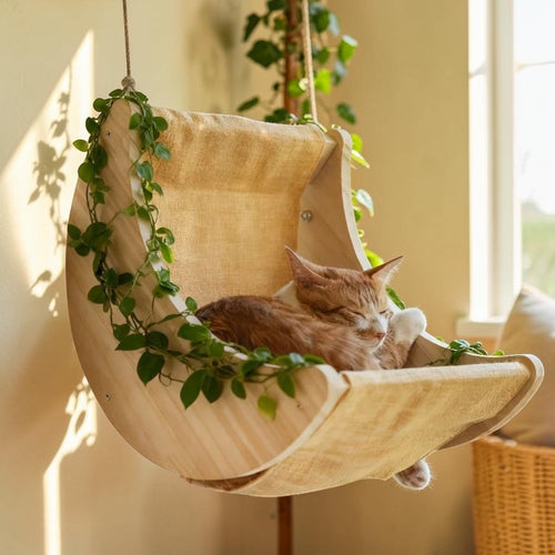 Balançoire pour chat Esprit Chat en bois naturel avec hamac respirant, suspendue dans un jardin verdoyant