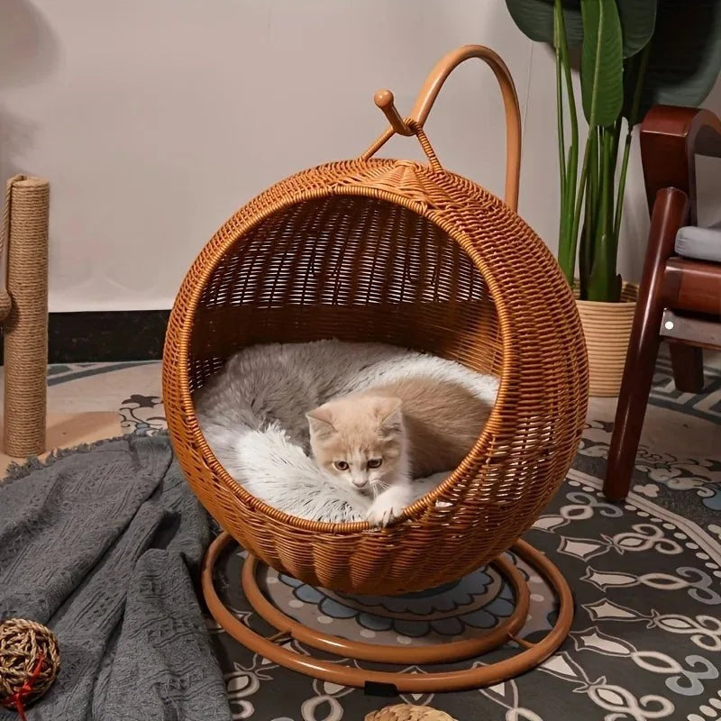 Balançoire ronde Esprit Chat en bambou tressé avec coussin moelleux pour chat