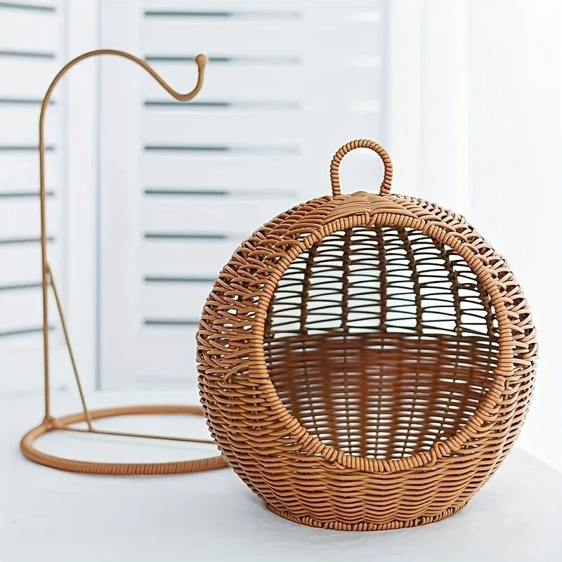 Balançoire ronde pour chat Esprit Chat en bambou tressé avec support métallique pour un couchage suspendu élégant