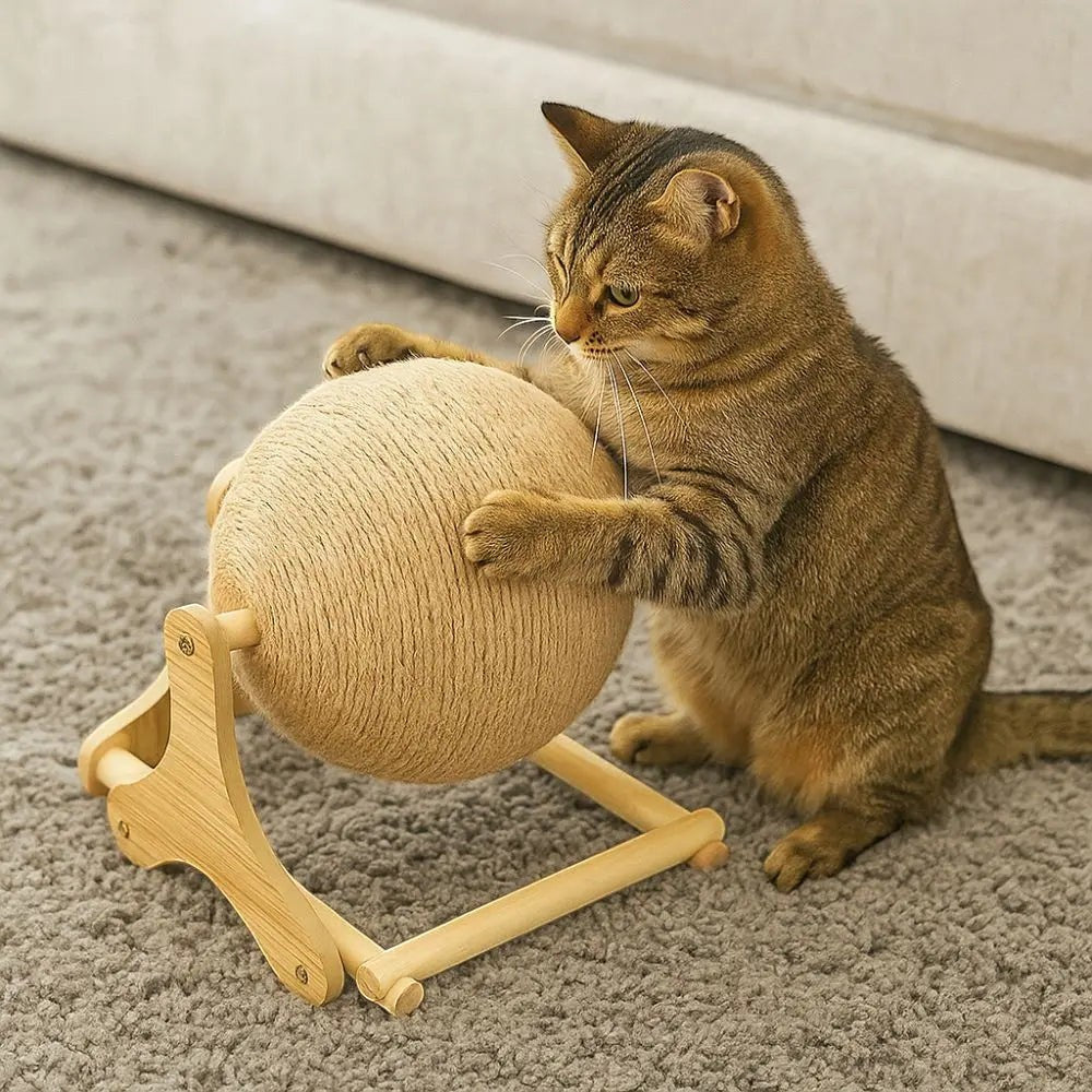 Chat tigré jouant avec une balle à griffer en corde et bois Esprit Chat sur un tapis gris dans un salon.