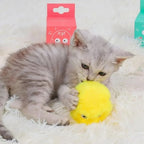 Chaton gris jouant avec une balle interactive en peluche jaune Esprit Chat sur un tapis doux
