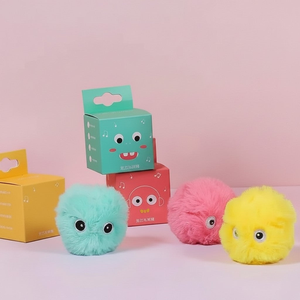 Balles interactives Esprit Chat en peluche douce, émettant des sons d'animaux, en bleu, rose et jaune pour chat.