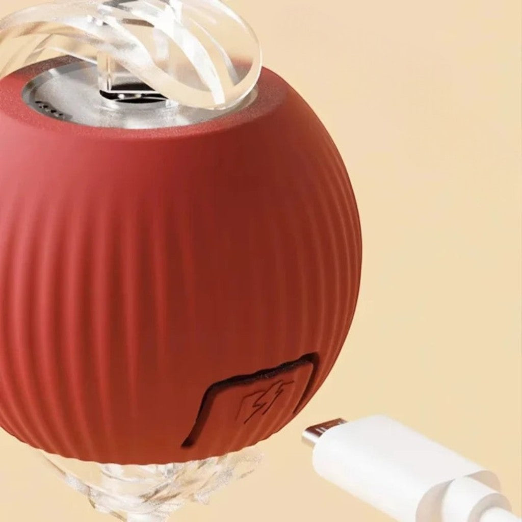 Balle interactive rouge en caoutchouc pour chat, rechargeable par USB, avec un design côtelé et une boucle transparente sur le dessus.
