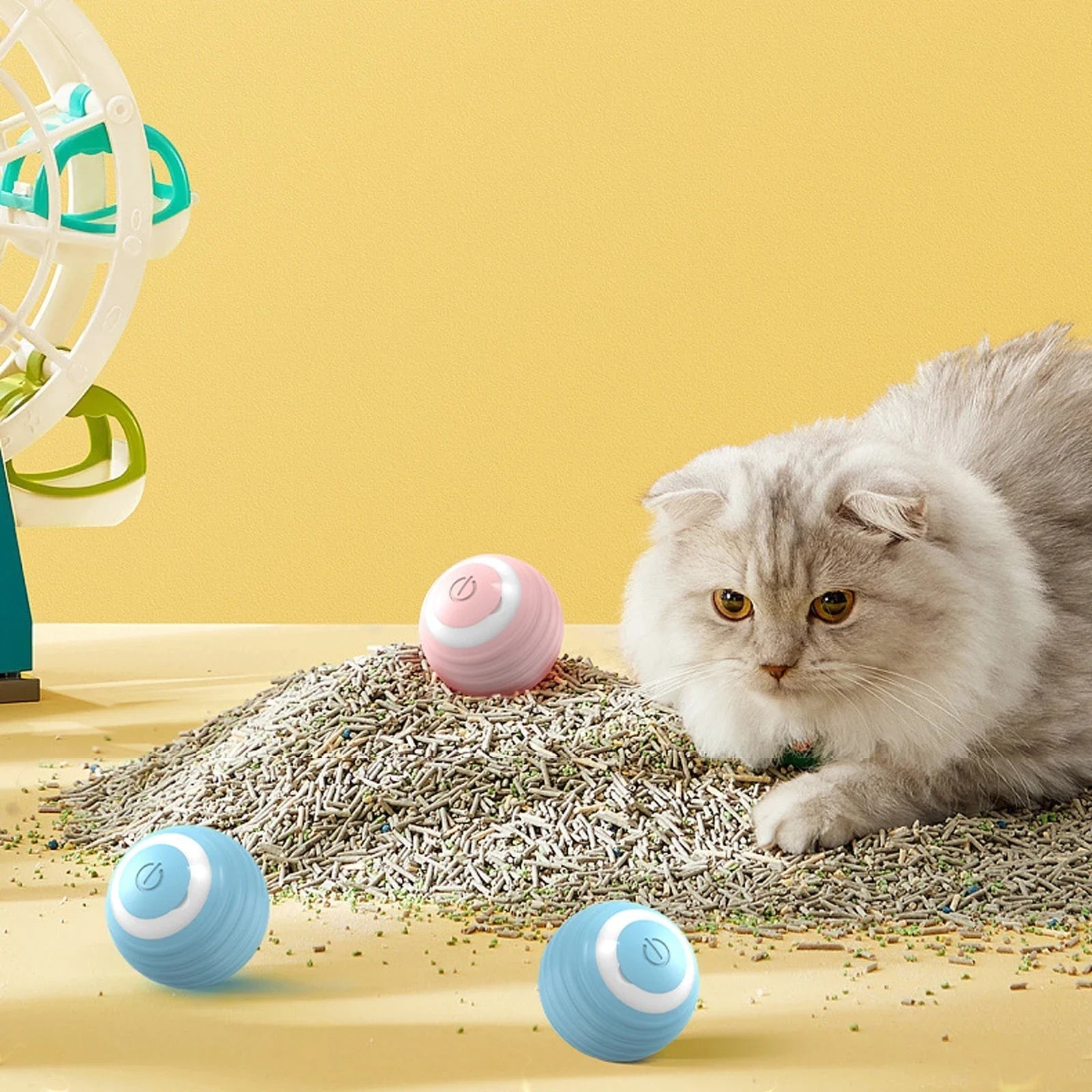 Balle interactive Esprit Chat en silicone, rose et bleue, pour chat, avec indicateur d'alimentation.