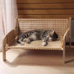 Banc pour chat Esprit Chat en rotin tressé avec structure en bois clair, chat tigré dormant confortablement dessus