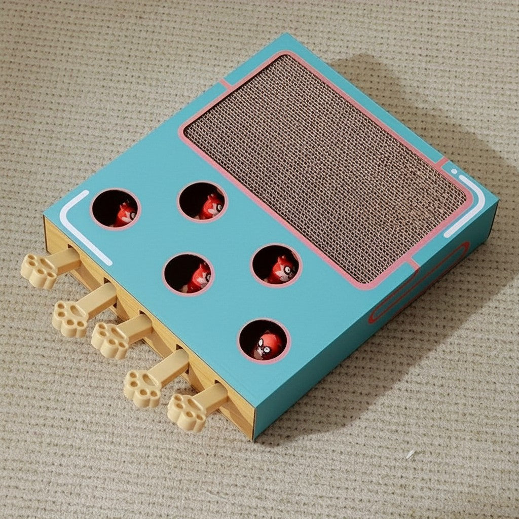 Boîte de jeu pour chat Esprit Chat en bois de pin avec griffoir intégré et jouets interactifs sortant de trous.
