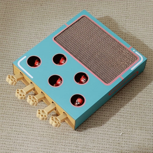 Boîte de jeu pour chat Esprit Chat en bois de pin avec griffoir intégré et jouets interactifs sortant de trous.