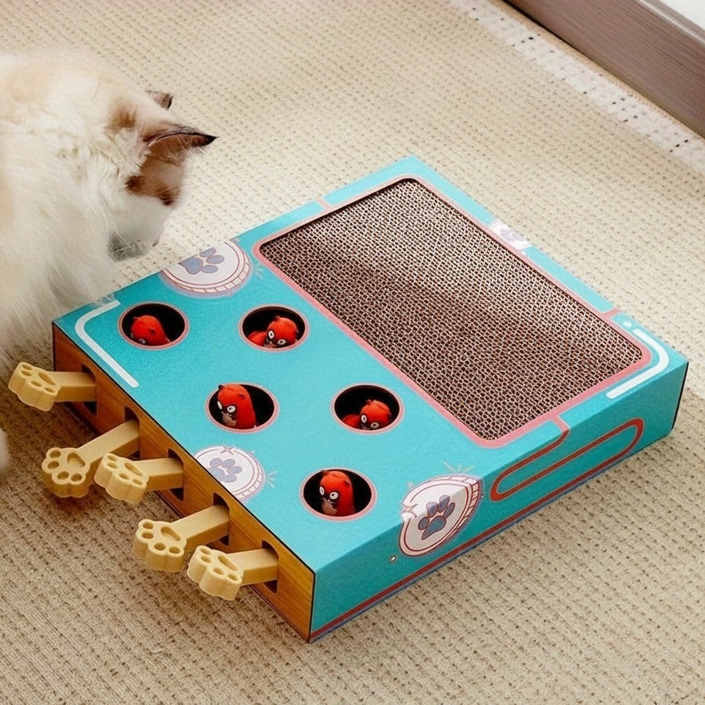 Boîte de jeu pour chat Esprit Chat en bois de pin avec griffoir et jouets interactifs sortant des trous.