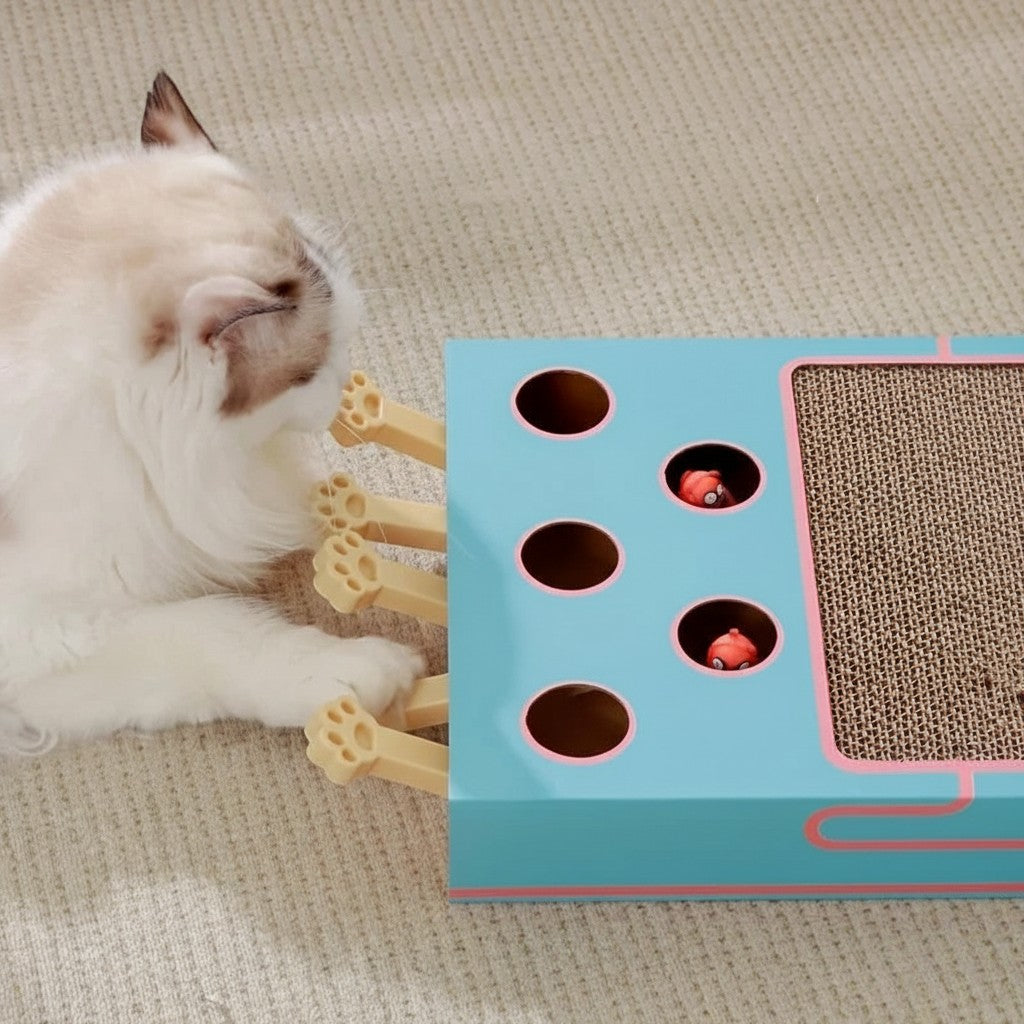 Boîte de jeu pour chat Esprit Chat en bois de pin bleu avec jouets rouges et griffoir intégré.