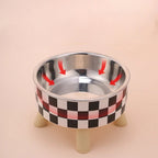 Bol pour chat Esprit Chat en acier inoxydable avec motif damier noir et blanc sur pieds en bois