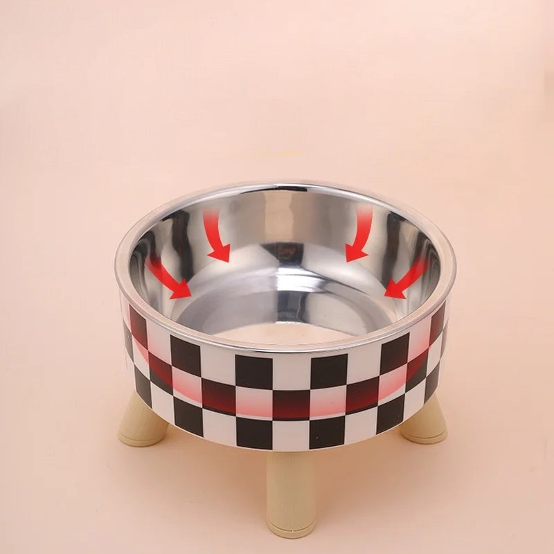 Bol pour chat Esprit Chat en acier inoxydable avec motif damier noir et blanc sur pieds en bois