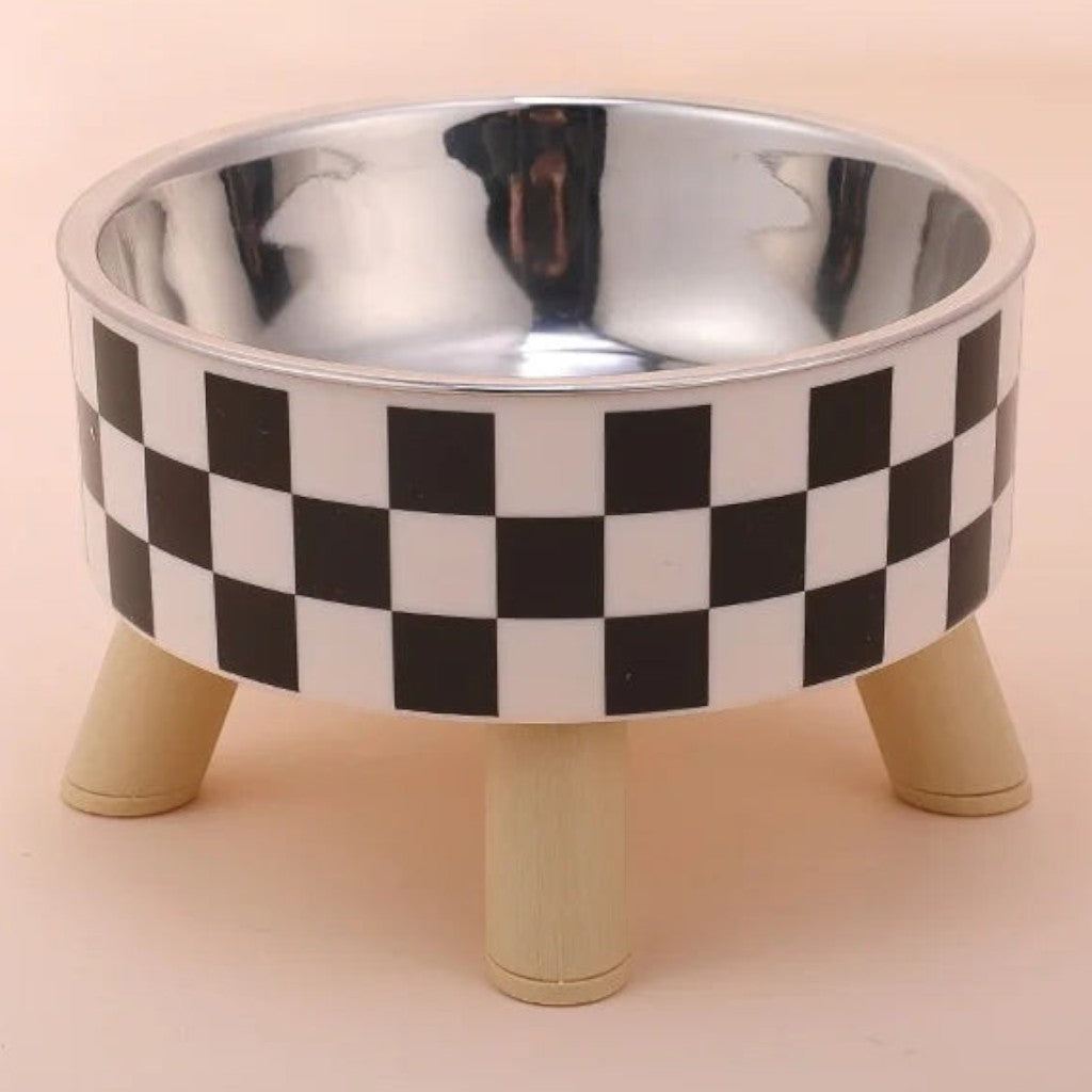 Bol pour chat Esprit Chat en acier inoxydable avec motif damier noir et blanc sur pieds en bois surélevés