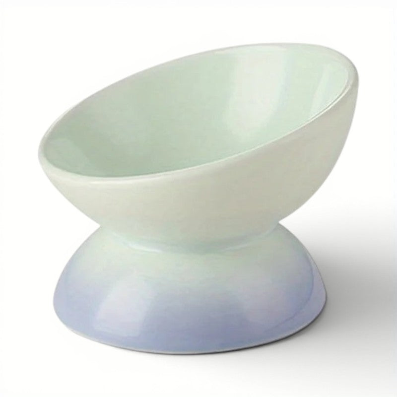 Bol Esprit Chat en céramique surélevé pour chat, design incliné ergonomique en dégradé bleu pastel et blanc