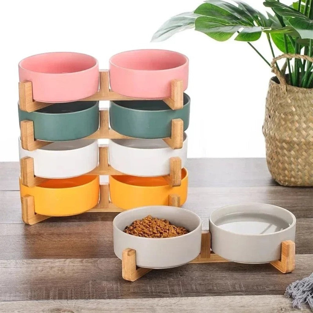 Ensemble de bols Esprit Chat en céramique avec support en bois surélevé pour chats et chiens, couleurs variées