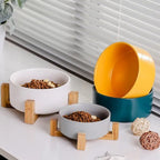 Bols surélevés Esprit Chat en céramique avec support en bois pour chats et chiens, disponibles en plusieurs couleurs