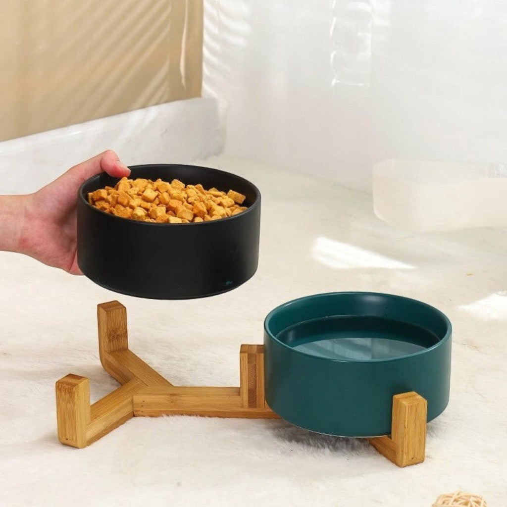 Bol surélevé Esprit Chat en céramique avec support en bois pour chat et chien, disponible en noir et vert