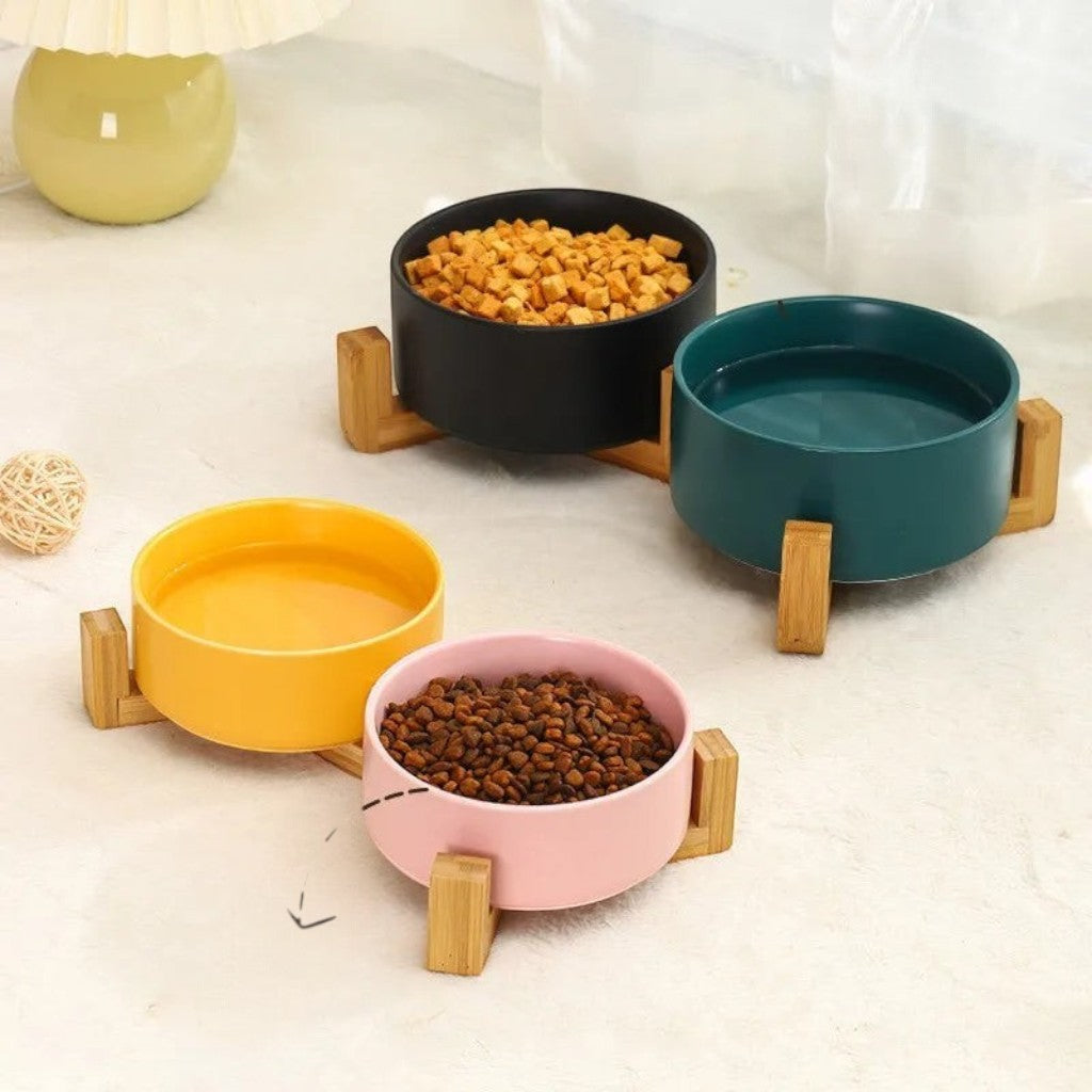 Bols surélevés Esprit Chat en céramique colorée avec support en bois pour nourriture et eau pour chats et chiens