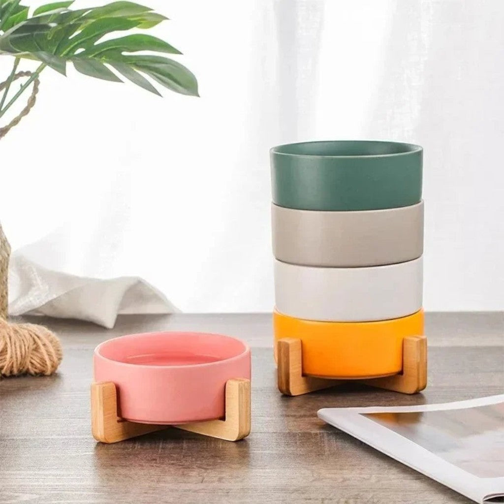 Bol surélevé Esprit Chat en céramique avec support en bois, disponible en plusieurs couleurs pastel