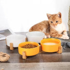 Bol surélevé Esprit Chat en céramique avec support en bois pour chat, bols jaune et blanc pour nourriture et eau