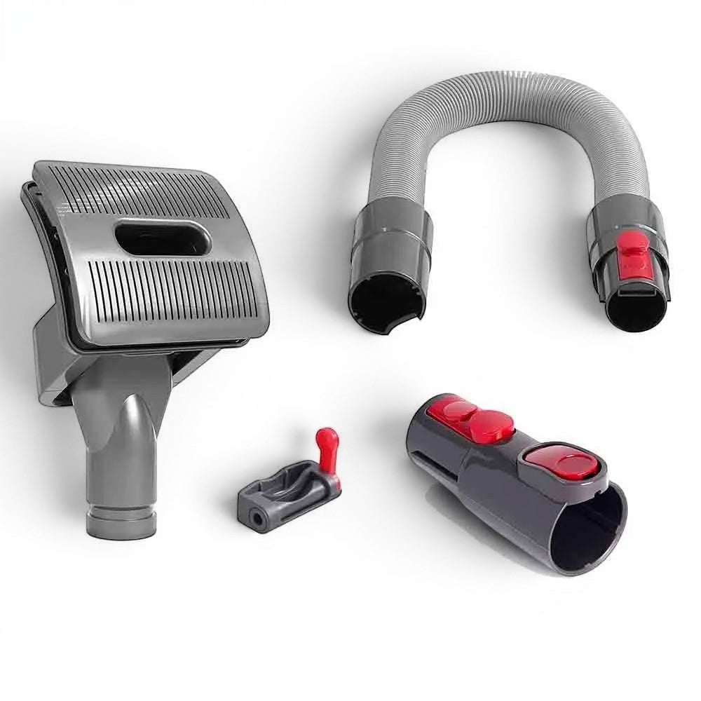 Kit de brosse de toilettage Esprit Chat pour aspirateur Dyson, incluant tuyau flexible et adaptateurs en plastique gris.